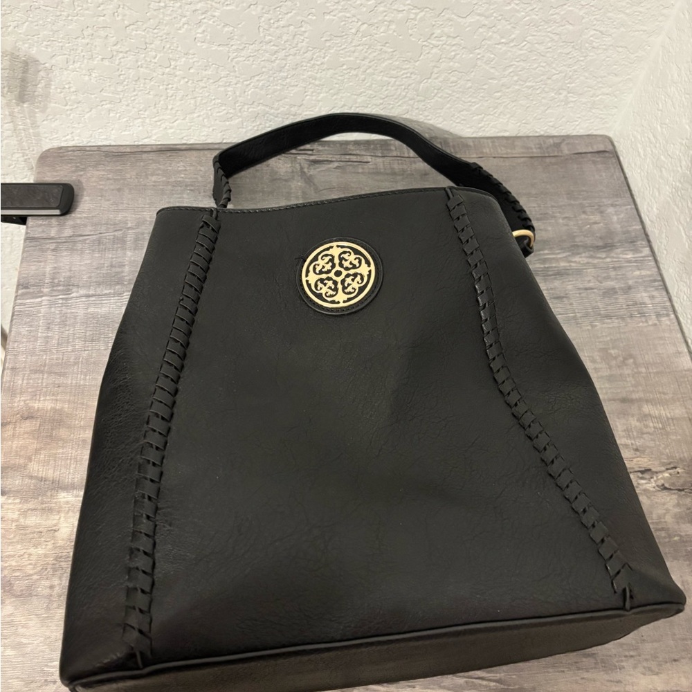 Black and Gold Structured Shoulder Bag with Emblem